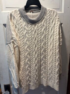 Free People Cream Cable Knit Crewneck Sweater with Gray Trim